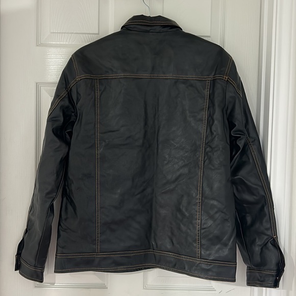 NWOT Mens Classic Stand Collar Bomber Jacket Vegan Leather Black Button Sz XL - Picture 5 of 14